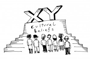 cartoon by angie martin with XY monument with audience